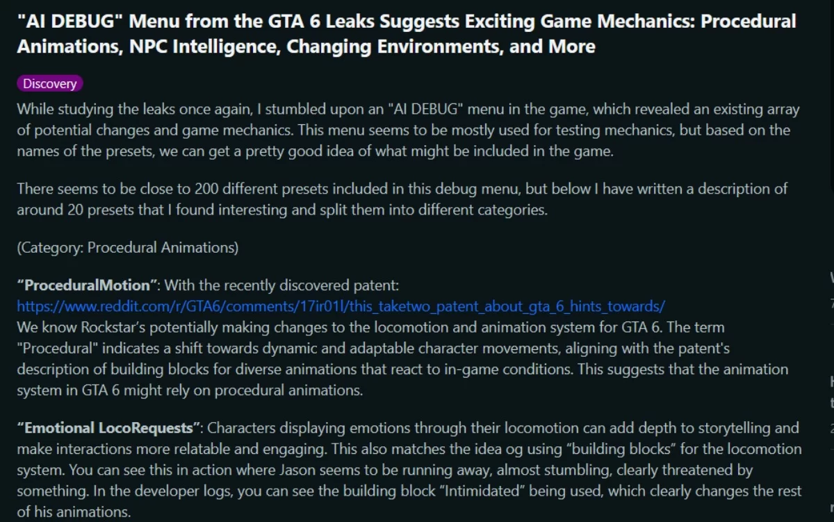 AI DEBUG Menu from the GTA 6 Leaks Suggests Exciting Game Mechanics Procedural Animations NPC Intelligence, Changing Environments, and More
